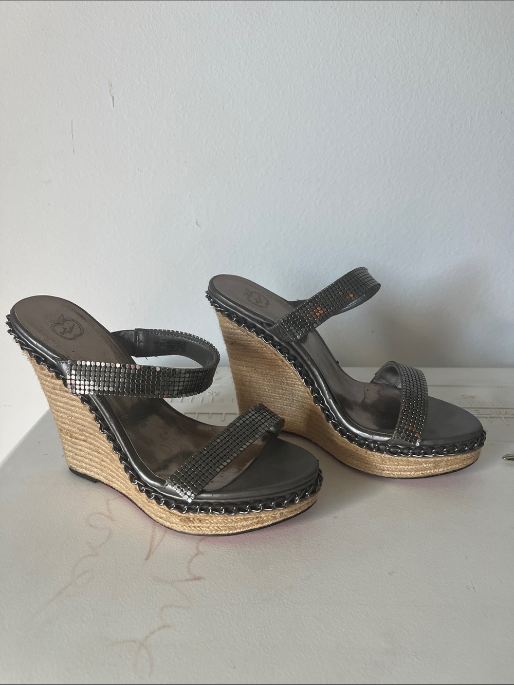 Apple Bottoms Black Rhinestone Strap Espadrille Wedge Sandals